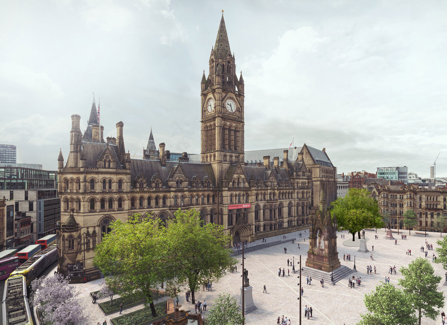 Exterior view of Manchester Town Hall across St Peters Square
